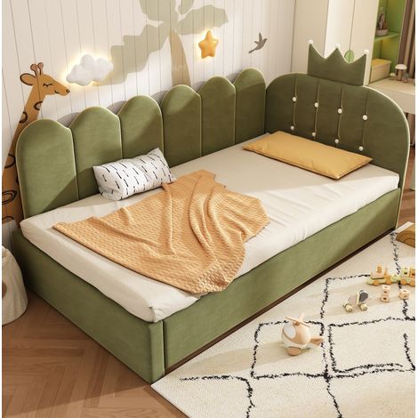 Cama dormitorio con nido y diseño corona juvenil verde HAVRYA (1/5)