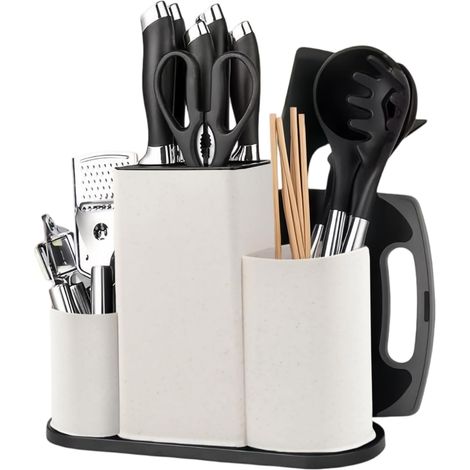 Bloc Couteaux Vides Carré, Bloc à Couteaux Cuisine Sans Couteaux, Porte Couteau Universel avec Fentes de Ustensiles, Support Couteaux de Cuisine, Bloc Rangement pour Couteaux de Cuisine (Blanc) (1/5)