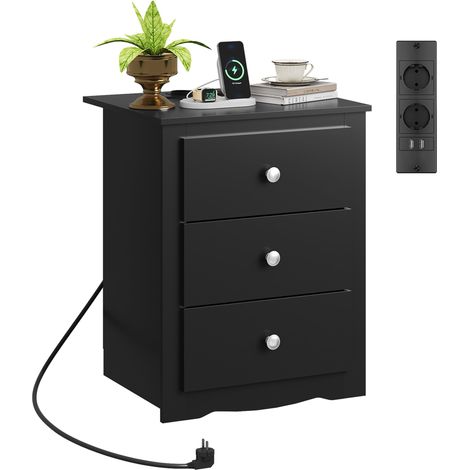 Table de chevet noire avec prise et 2 ports USB, 3 tiroirs en bois, câble 1,5 m, montage facile (1/5)