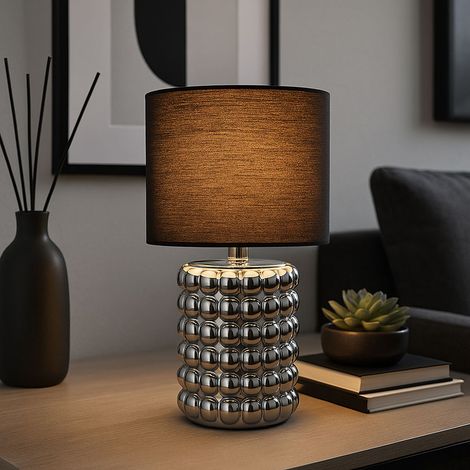 Tischlampe Wohnzimmer Tischleuchte Keramik Nachttischlampe schwarz chrom, Textilschirm, 1x E14 Fassung, DxH 18,5x33 cm
