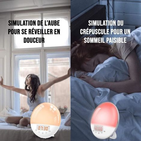 Radio Réveil Lumineux Lampe de Chevet Réveil Lumière LED Tactile Contrôle Sunrise, Sunset, Snooze, 6 Sons Naturels, 7 Couleur[q46] (1/4)