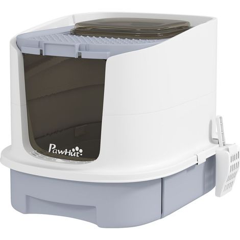 Maison de toilette pour chat bac à litière fermé chat avec porte translucide pelle incluse 40,5 x 52,5 x 42,5 cm gris (1/5)