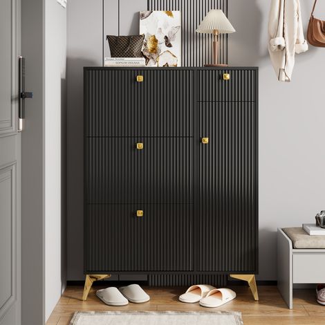 Meuble à chaussures 90x25x121 cm avec 3 abattants, 1 tiroir et 1 porte, rangement chaussures étroit - Noir