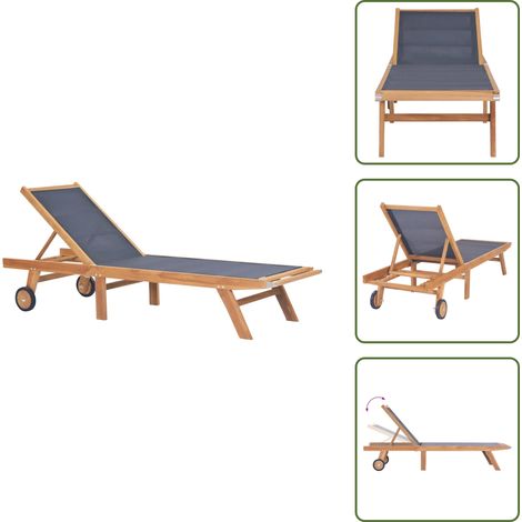 Chaise longue pliable avec roulettes Teck massif et textilène - Transat Jardin - Chaise Longue Teck - Mobilier De Jardin - Chaises Longues Pliables - Fauteuil De Jardin (1/5)
