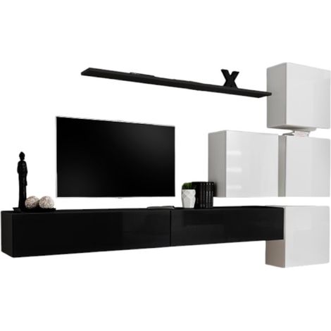 Conjunto de muebles para salón mural SWITCH IX diseño, color negro y blanco brillante.