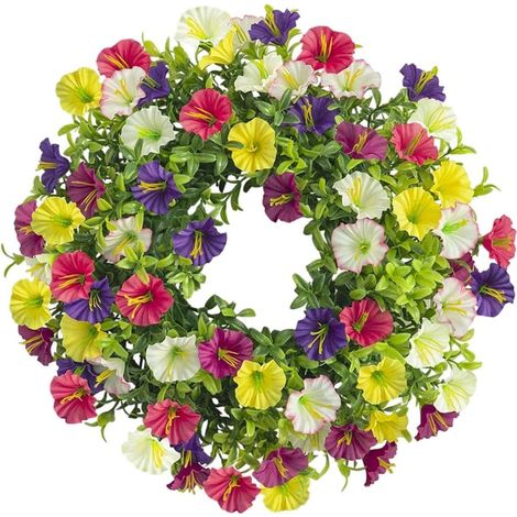 Couronne de liserons artificiels 35 cm, fleurs colorées pour décoration de porte d'entrée, style floral pour printemps, été et toute l'année (1/5)