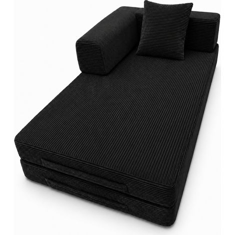 Canapé futon convertible 2 en 1 en velours côtelé noir, pliable au sol avec dossier et accoudoirs, sans montage, pour salon, bureau ou chambre – CHICFURN (1/5)