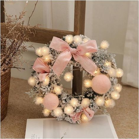 Couronne de décoration de Noël avec nœud papillon solide et fleurs floquées avec lumières LED pour fenêtre, chambre, porche (1/5)