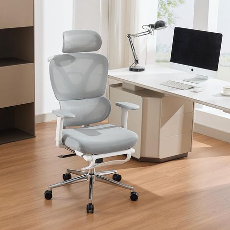 Chaise de bureau ergonomique dossier haut – Maille respirante – Appui-tête et soutien lombaire réglables, accoudoirs 3D, repose-pieds – Inclinable – Pour bureau, gaming, étude (1/5)