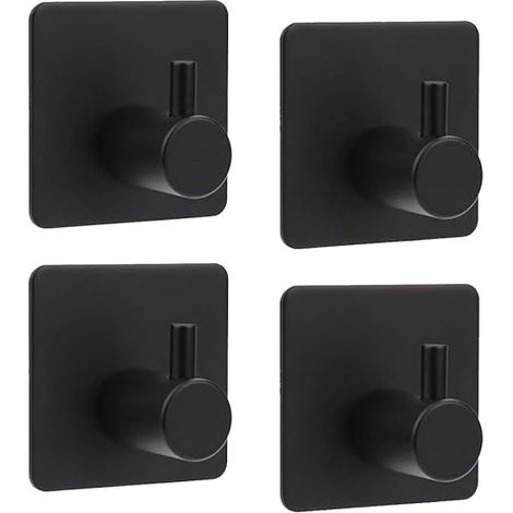 Crochets adhésifs, patères murales robustes en acier inoxydable 304 pour suspendre manteaux, clés et serviettes, pour salles de bains, portes, cuisines, bureaux et maisons (noir, lot de 4) (1/5)