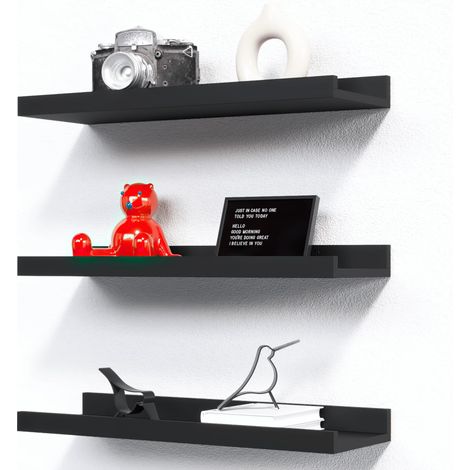 Lot de 3 étagères murales flottantes noires de 40 CM en bois, modernes pour support photo, décor mural, pour décor de pièce, salon, chambre à coucher, salle de bain, cuisine, buanderie (1/5)