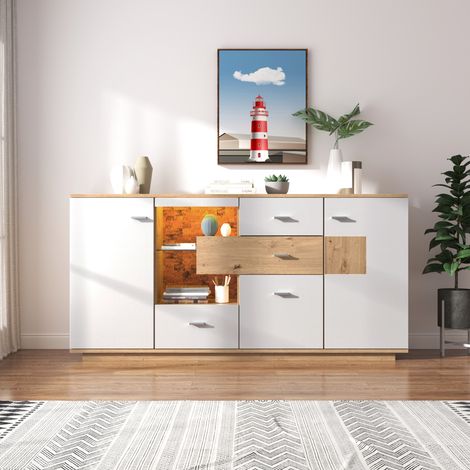Buffet Bas de Salon Blanc et Bois 160cm - Enfilade Moderne avec Éclairage LED 16 Couleurs, 2 Portes, 4 Tiroirs et Étagère en Verre pour Séjour - 160x40x77cm (1/4)