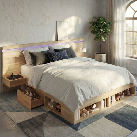 Lit double 180x200 cm avec rangements, 2 tables de chevet, LED, USB-C et MDF naturel (1/5)