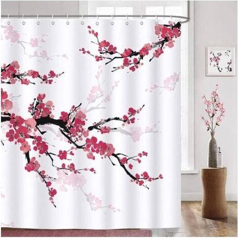 Rideau de Douche Fleur de Cerisier Rouge Rideau de Bain Tissu Polyester Anti Moisissure Imperméable Lavable Rideaux Salle de Bain 180 x 180 cm avec 12 Crochets pour Baignoire (1/5)