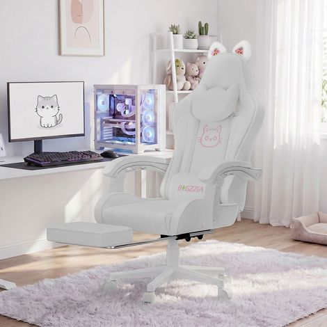 Pink Cat Gaming Chair Reclining Footrest Ergonomic PU Leather Pink (1/5)