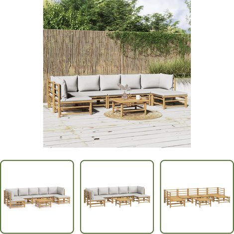 Bambusmöbel - 8-tlg. Garten-Lounge-Set mit Kissen Hellgrau Bambus (1/5)