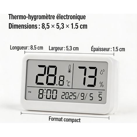 Mini horloge réveil magnétique ultra-mince avec thermomètre et date complète, écran numérique, alarme, pour frigo et bureau - Blanc (1/5)