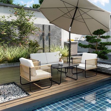 Salon de jardin 4 pièces avec canapé 2 places. 2 fauteuils. 1 table basse en verre et coussins – crème blanc