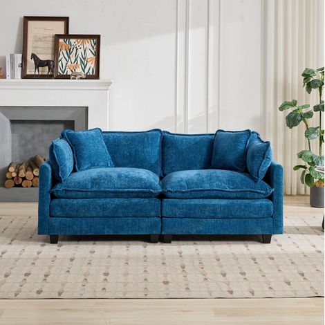 Modulare Bank aus blauer Chenille mit Doppelschicht-Kissen und ergonomischer Rückenlehne (1/5)