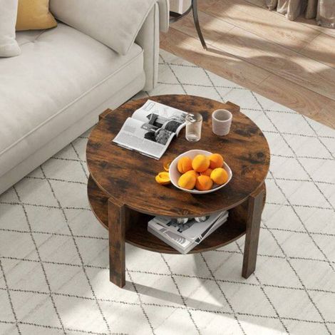 2 niveaux et 4 étagères, table basse ronde pour salon, rangement pratique, finition effet bois brun rustique (1/5)