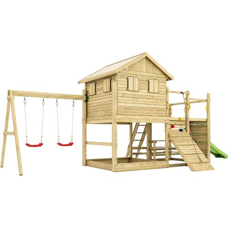 Casetta Gioco in Legno Fungoo Aloha con Scivolo, Doppia Altalena, Sabbiera, Tavolo Picnic e Arrampicata (1/5)