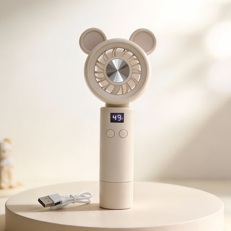 Tragbarer, wiederaufladbarer intelligenter Ventilator mit Digitalanzeige, kreisförmiger Ventilator mit herzförmigen Ohren, beige Farbe, stufenlose Geschwindigkeitsregelung, ideal für den Sommer (1/2)