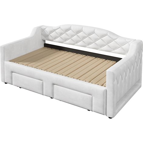 Lit de repos capitonné extensible 90x200 à 180x200 cm avec 2 tiroirs et éclairage LED, blanc (1/5)