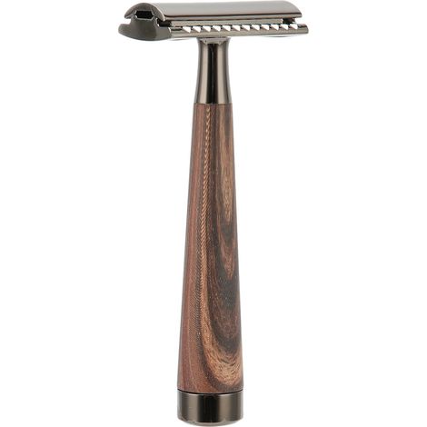Rasoir de sûreté double tranchant en alliage de zinc, manche en bois, rasoir manuel réutilisable pour homme, coupe nette et durable (1/5)