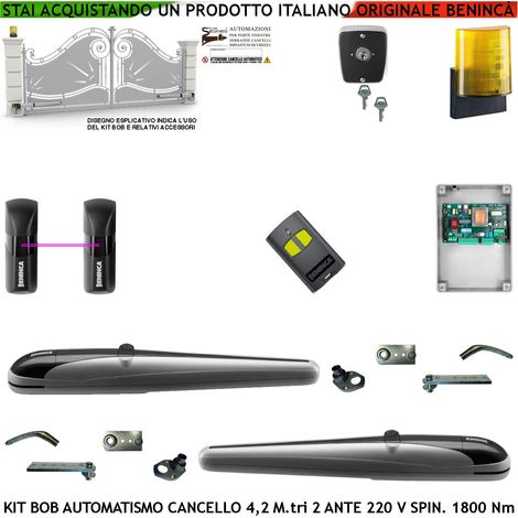 Cancello 4,2 Metri 2 Ante Kit BOB Automatismo Motori Elettromeccanici 230 V Corsa 325 mm Spinta 1800 Nm Sblocco a Chiva Radiocomando Coppia Fotocellule Lampeggiatore a Led con Antenna Selettore 2 Ck (1/4)