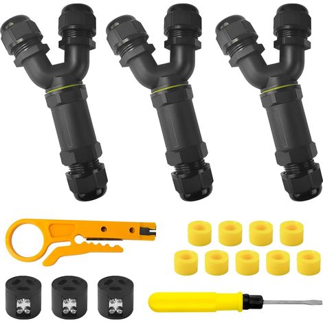 3 Stück Kabelverbinder Wasserdicht, 3 Polig 3-Wege Kabel Verbinder, Wird mit Silikonpad und Abisolierzangen Geliefert, IP68 Y-Form Kabelverbinder, für Kabel mit 4-14mm Durchmesser (1) (1/5)