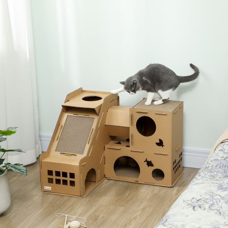Casetta per gatti in cartone a forma di castello, 2 livelli con 3 aree per graffiare, tunnel, rampa, include erba sintetica marrone.