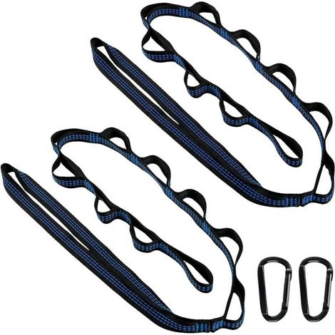 Lot de 2 sangles de suspension pour hamac, 300 kg, pour arbre, suspension, balançoire, corde avec 2 mousquetons à crochets, pour camping, extérieur, randonnée - Bleu