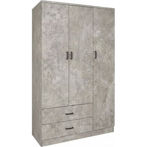 Armadio Guardaroba Camera Letto 3 Ante 2 Cassetti  120x52x190 Cm Cemento