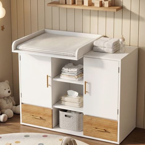 MEUBLIV Cambiador con cómoda 114x53x92 cm blanco – bandeja extraíble, almacenaje bebé (1/5)