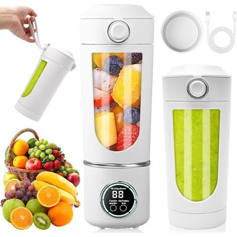 Mixeur portable, 700 ml petit mixeur à smoothies, mini-blender avec 12 lames en acier inoxydable et affichage numérique, shaker rechargeable et smoothie-maker pour voyage, fitness, cuisine (Blanc) (1/5)