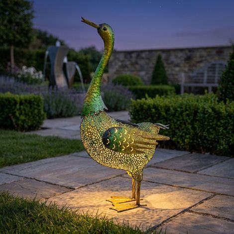 Solar Tiere Ente Gartenskulptur für Außen groß Gartendeko Figur, Metall grün gelb, 3x LED 3800K, LxH 40x63 cm (1/4)