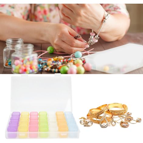 Tragbare Aufbewahrungsbox mit herausnehmbarem Kunststoffnetz für Kleinigkeiten (7 Reihen, 4 Fächer). Ideal zur Aufbewahrung von Ohrringen, Halsketten, Tabletten etc. Auch mit 28 Fächern erhältlich. In (1/5)