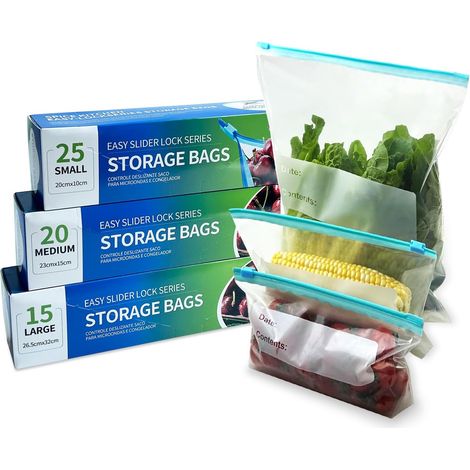 60 x Freezer Bags for Food Preservation, Reusable Zip Bags with Expandable Bottom, BPA Free Food and Sandwich Bags, for Preserving Vegetables and Fruits (3 Sizes) (1/5)