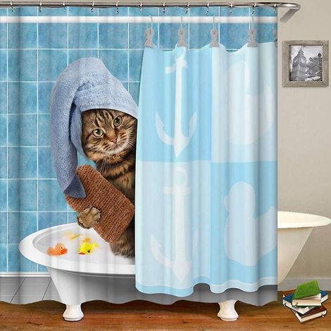 Rideau de douche imperméable 3D motif chat - 180 x 180 cm, tissu polyester résistant à la moisissure, avec crochets (1/4)