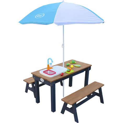 Axi Dennis Table Sable Et Eau En Bois Marron & Anthracite  Avec Couvercle, Boîtes De Rangement, Parasol & Jeu Évier De Cuisine  Pour Enfant, Pour Le Jardin
