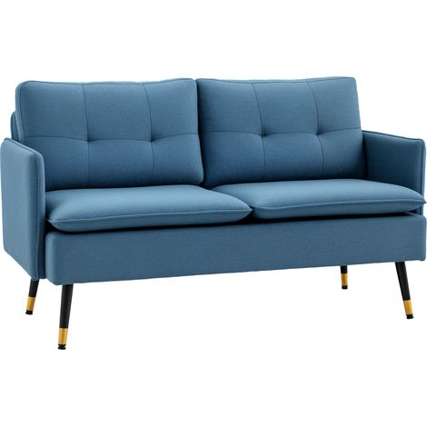 Zweisitzer-Sofa in Leinenoptik mit Armlehnen, gepolsterten Kissen, modernem Zweisitzer-Tagesbett, Stahlbeinen, 139 x 68 x 80 cm (Blau)