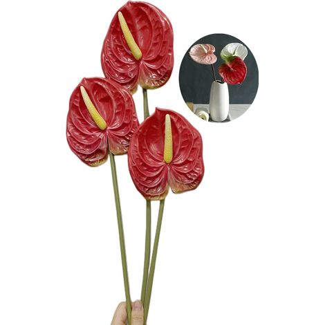 Fleurs de lys artificielles d'anthurium de 66 cm, 3 Bouquets de Fleurs d'imitation Tropicale pour Restaurant, Fond de Mariage, centres de Table et décoration de Mariage, Festival (Rouge) (1/5)