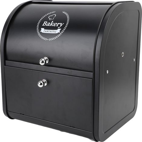Boîte à pain Double couche, bac de rangement en métal, conteneur multifonctionnel de grande capacité pour comptoir de cuisine, couvercle rabattable noir (1/5)