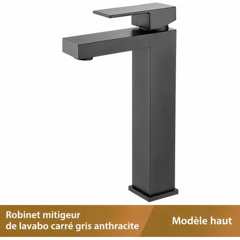 Mitigeur Lavabo Carré Acier Inox Robinet Eau Chaude Froide gris canon modèle haut sans tuyaux d'arrivée d'eau 800 g – Livraison gratuite