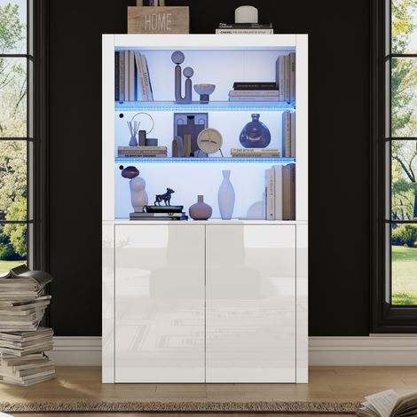 Buffet laqué brillant avec éclairage LED et plateau verre trempé 100x35x170 cm