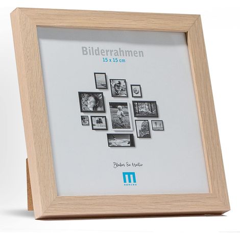 Cadre photo moderne en MDF naturel pour photos de 15x15 cm, avec protection en verre acrylique, peut être utilisé comme support de table et pour le mur, en format portrait ou paysage. (1/5)