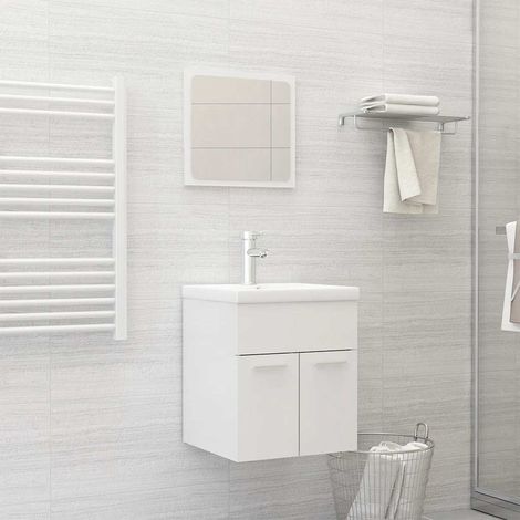 Ensemble meuble salle de bain 3 pièces avec lavabo et miroir, aggloméré blanc brillant - PANGIVO (1/5)