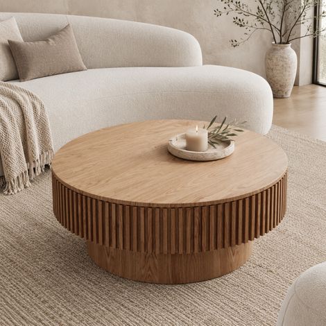 Mesa de centro redonda con almacenaje oculto Ø75 cm, MDF chapado, madera natural, HAVRYA (1/5)