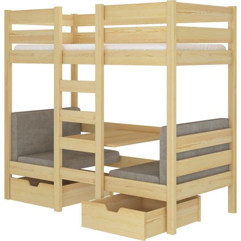 Lit mezzanine et superposé 2 couchages avec 2 tiroirs de rangement bois pin naturel 90x200 Sulutia (1/5)