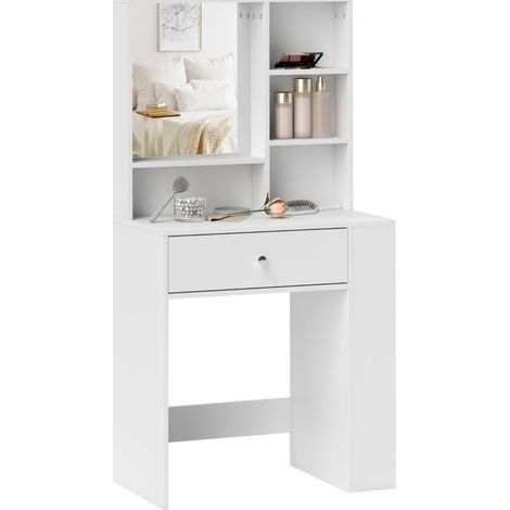 Schminktisch mit Spiegel, Schublade und seitlichem 3-Ebenen-Regal, weiß (1/5)
